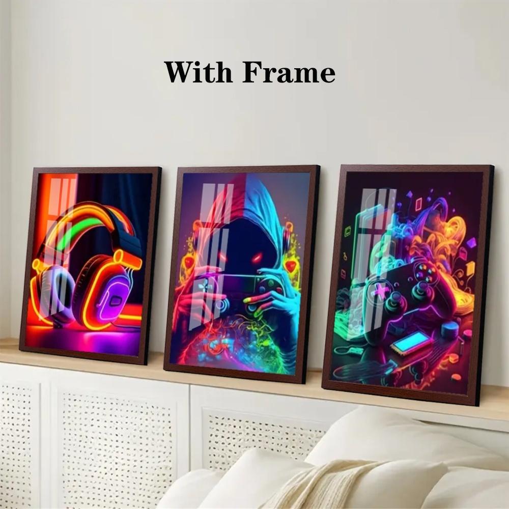 3-Piece Optional Wooden Frame Punk Style Gamepad Gaming Room Theme Art Poster Waterproof Premium Thick Canvas High Saturation Accurate Contrast Boys Room Decor