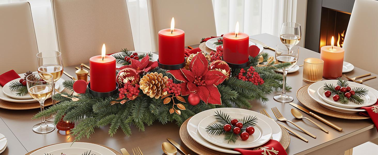 36 Inch Christmas Table Centerpiece with 3 Candle Holders, Baubles, Pine Cones, Red Berries & Spruce Branches – Indoor Holiday Decor