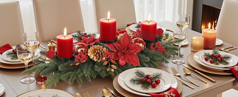 36 Inch Christmas Table Centerpiece with 3 Candle Holders, Baubles, Pine Cones, Red Berries & Spruce Branches – Indoor Holiday Decor