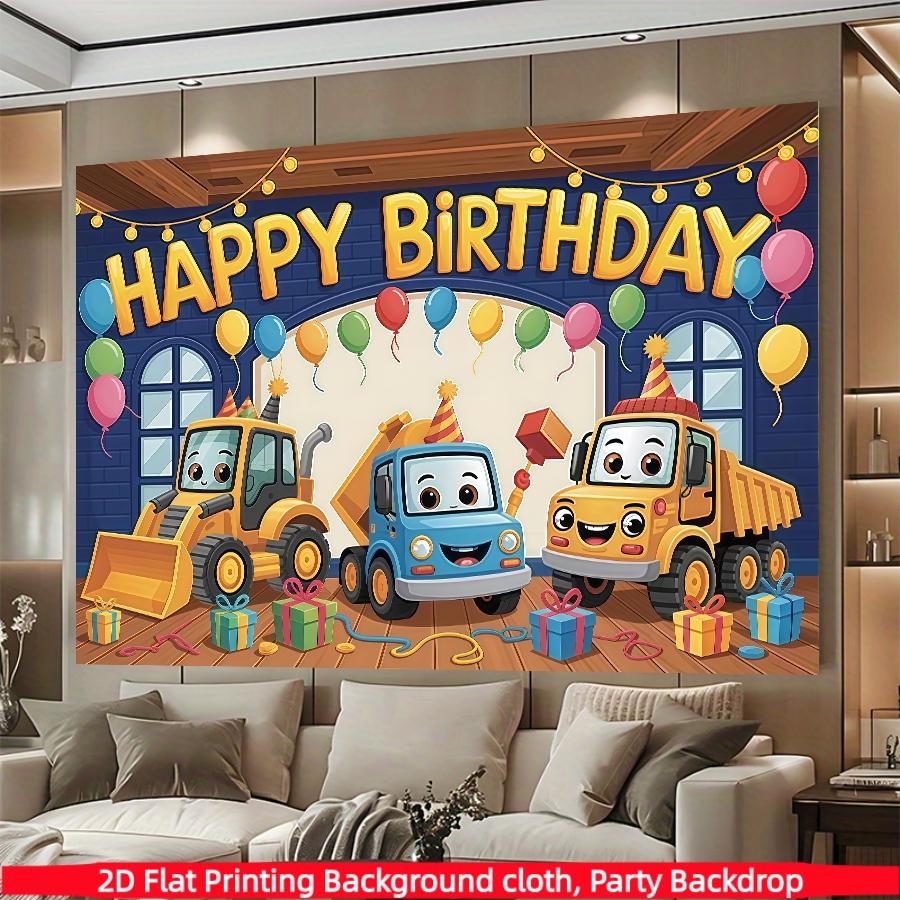 Construction vehicle birthday background banner, bright cartoon truck and balloon design, made of polyester material, suitable for living rooms, bedrooms, offices, birthdays, anniversaries, home decoration, outdoor and indoor parties