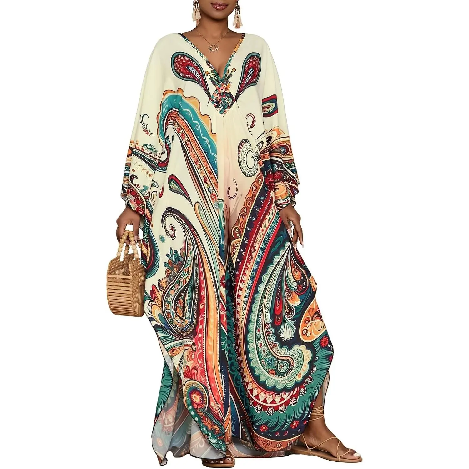 Women's Batwing Sleeve Muumuu Kaftan Dress with Pockets Paisley Ethnic Print Deep V Neck Side Slit Hem Lightweight Breathable FabricGift