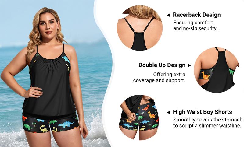 Holipick Women Plus Size Two Piece Tankini Set Swimsuits Tummy Control Bathing Suits Push Up Tankini Top with Boy Shorts