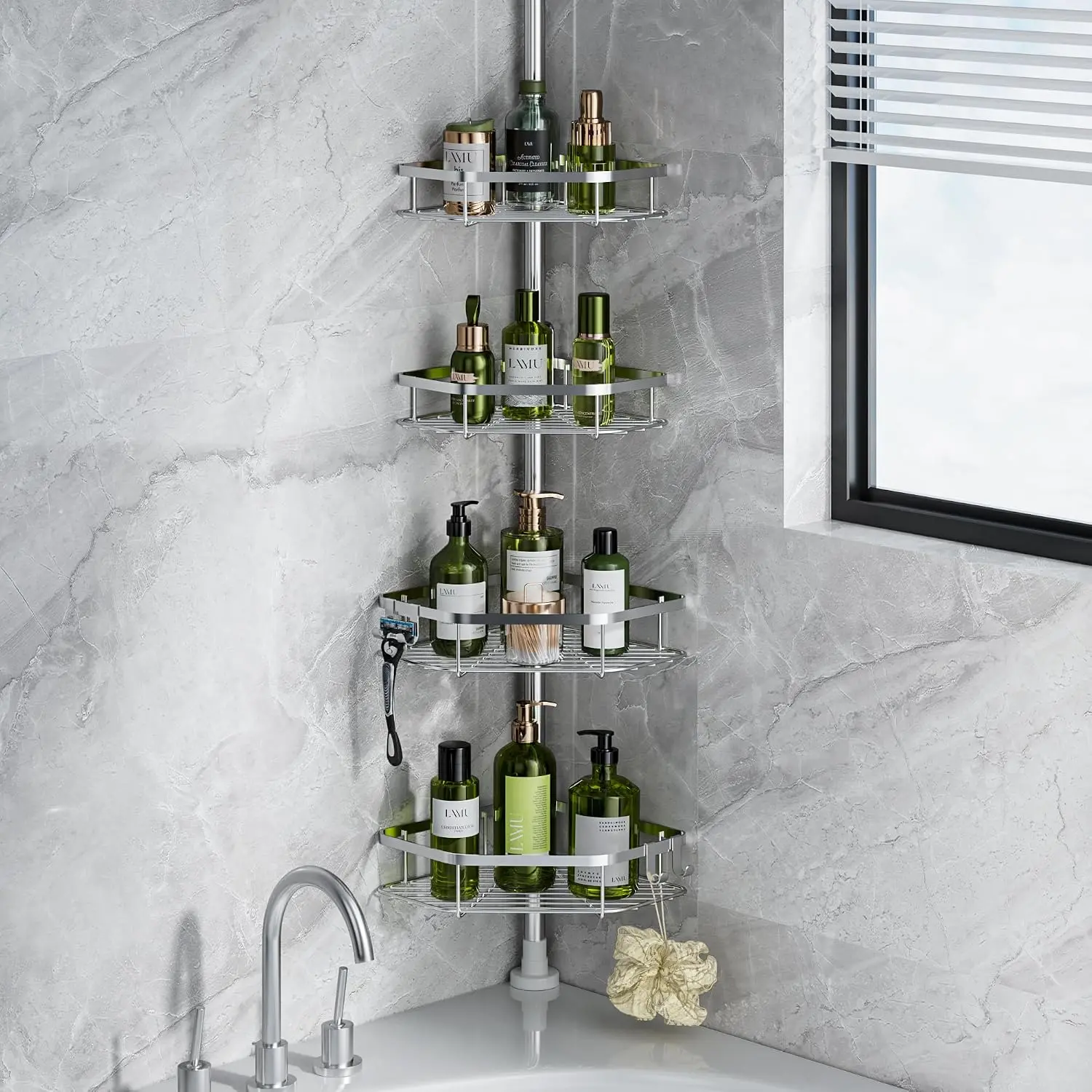 Corner Shower Caddy Tension Pole, 4-Tier Stainless Steel Organizer | Fits 38-124in Heights, Shower Shelves with No Drilling & Strong Spring Tension, Holds Up to 26lbs, Bathroom, Bathtub, Dorm