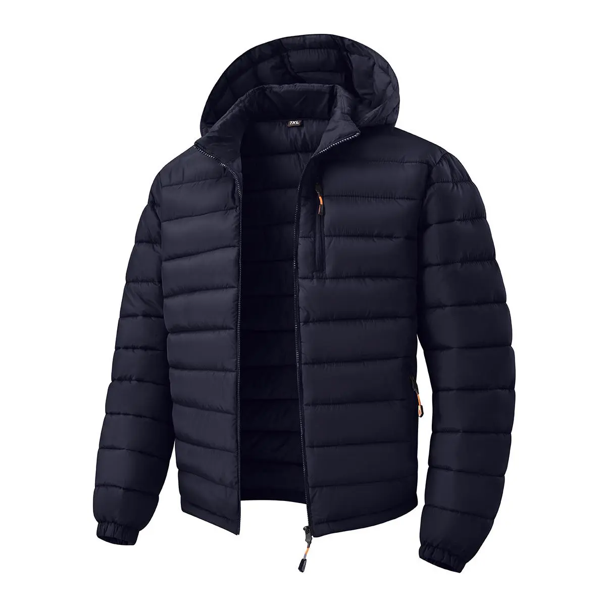 Menswear Men's Long Sleeve Lightweight Packable Hooded Polyester Puffer Jacket - Windproof Warm Quilted Zip-Up Slim-Fit Short Padded Tops with Zipper Pockets, Classic Black Casual Winter Outerwear, Machine Washable for Daily Commuting, Outdoor Sports