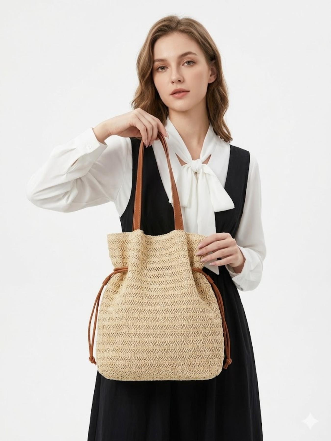 Straw Bucket Bag for Women, Woven Drawstring Shoulder Tote, Summer Beach Handbag, Large Capacity Vacation Boho Purse