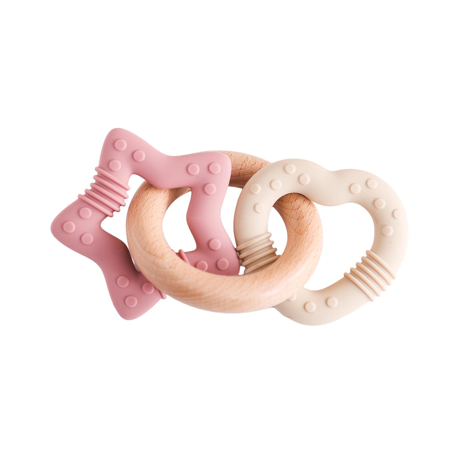 Baby Silicone Wooden Teething Toy, Heart Star Multi Texture Chewable, Infant Soothing Teether, Anti-Sucking Educational Rattle Gift