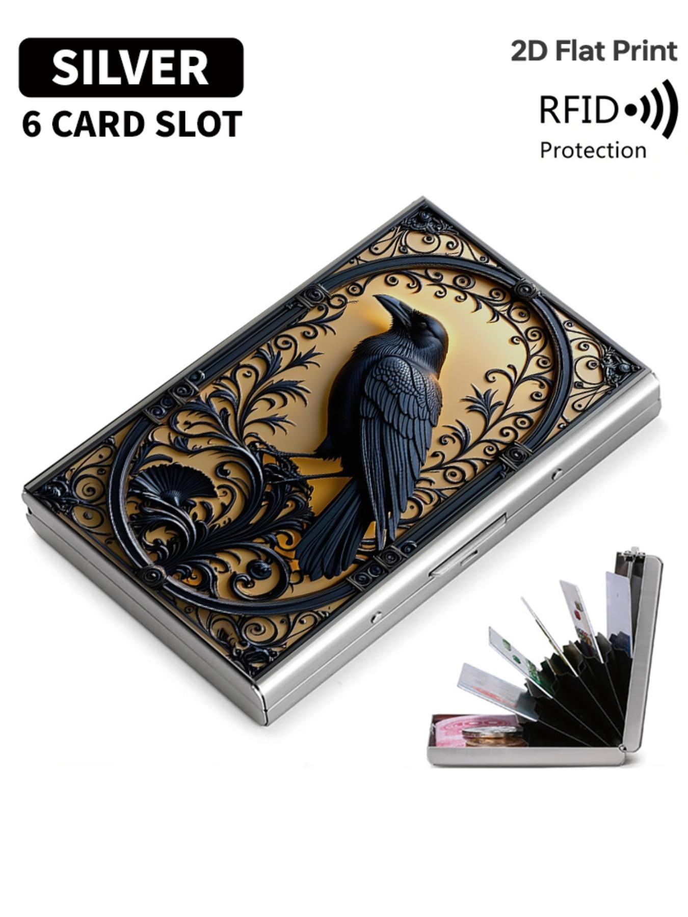 Crow Pattern Rfid Metal Card Holder, Multi-Layer Design, Ultra-Thin Magnetic Closure, Perfect Gift for Men & Women