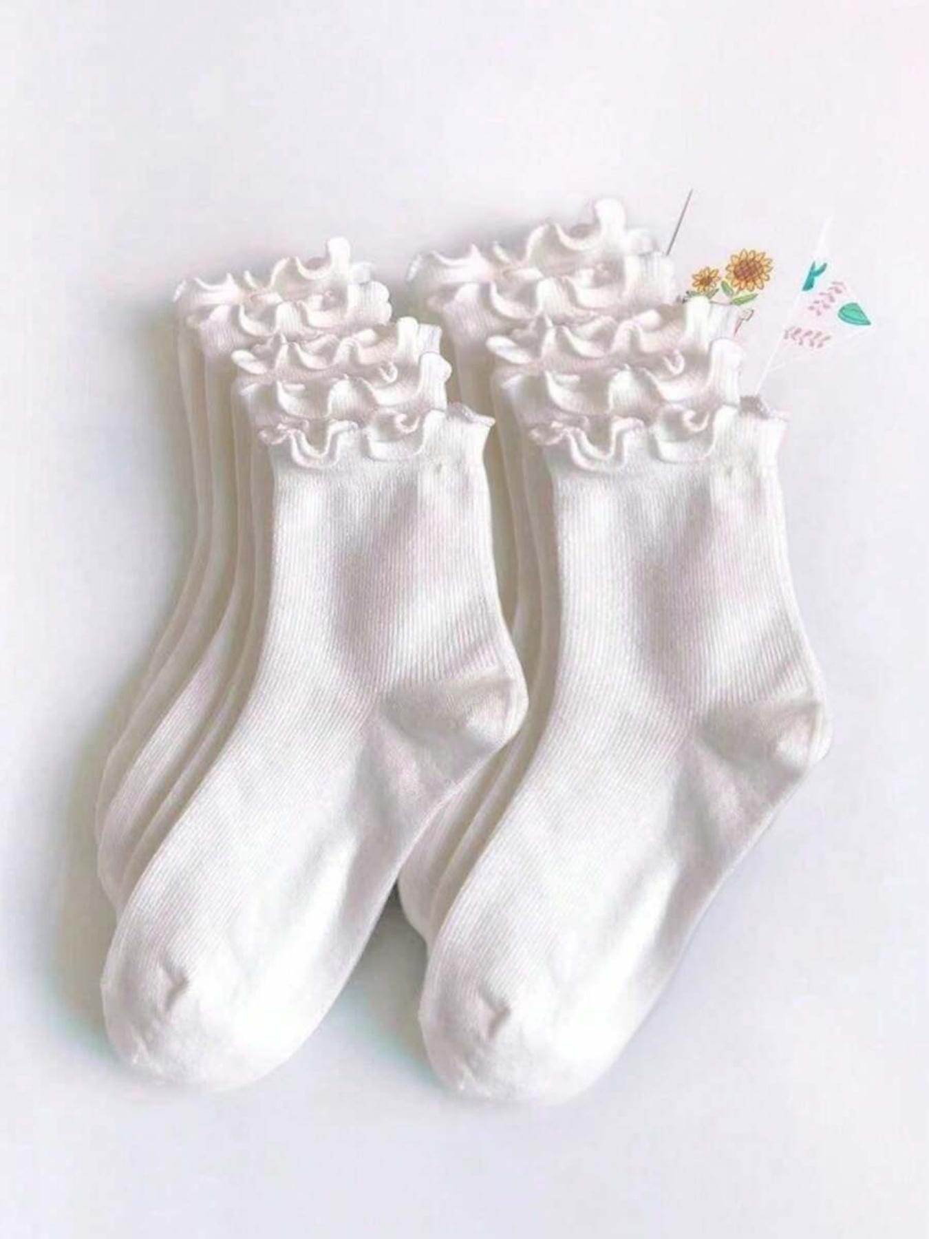 10 Pairs Women's White Frill Trimmed Casual Mid-Calf Socks, Women's Casual Crew Socks, Comfort Breathable Sports Socks, Basketball Socks, White Socks, Couples' Socks, Womenswear, Moisture Wicking, Anti Bacterial, Anti Stink, Suitab