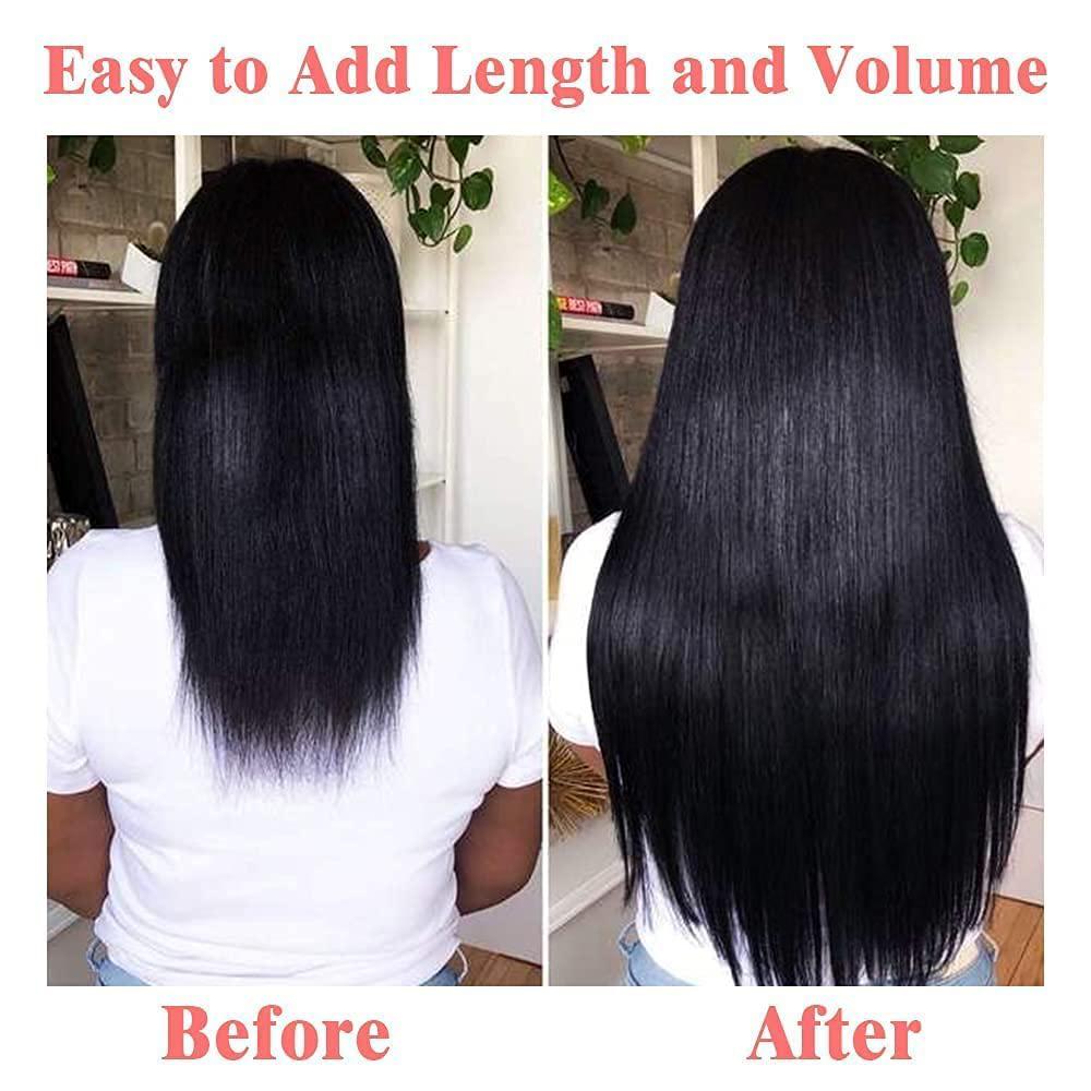 Tahikie  Natural Black Color Straight Clip in Hair Extensions Human Hair 8pcs Per Set with 18Clips Double Drown highlight extent Wigs Sleek