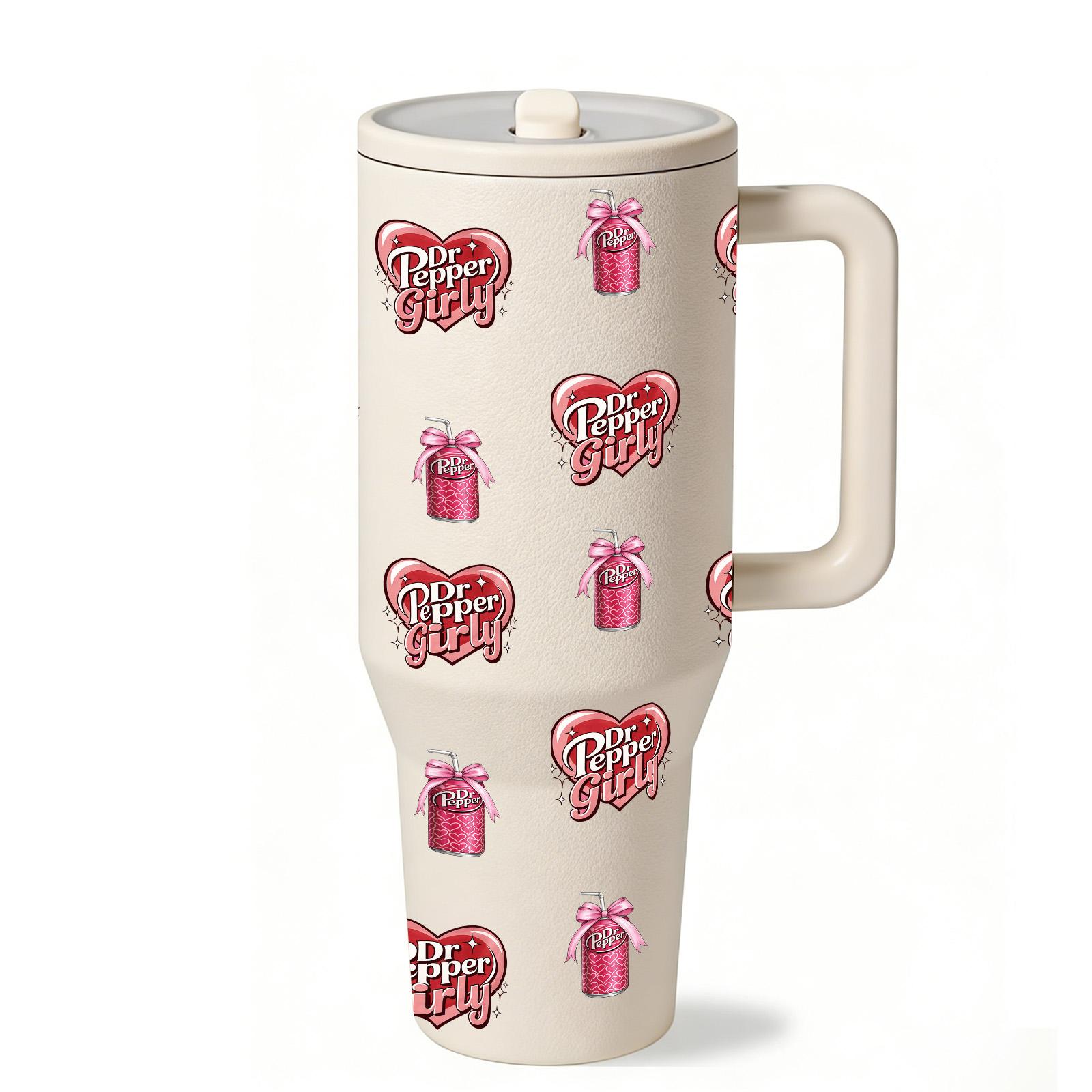 40oz Insulated Tumbler With Handle, Drinkware, Dr Pepper Girl All Over Print Thermal Mug, Soda Aesthetic Design, Double Wall Vacuum Cup For Hot Cold Drinks, Leak Resistant Lid, Birthday Valentine Mother’s Day Gift For Women Friend