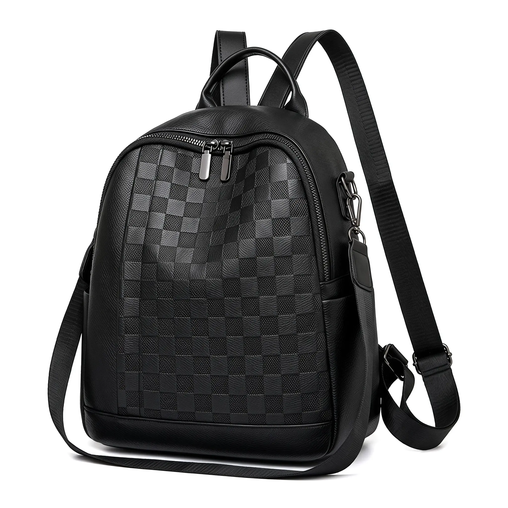 Women's Soft PU Leather Backpacks for Women - Khaki/Black Checkerboard Spliced Lychee Texture, Urban Minimalist Topstitched Compact Full-Zipper Bag with Adjustable Straps, Phone Pocket, Ideal for Daily Use & School