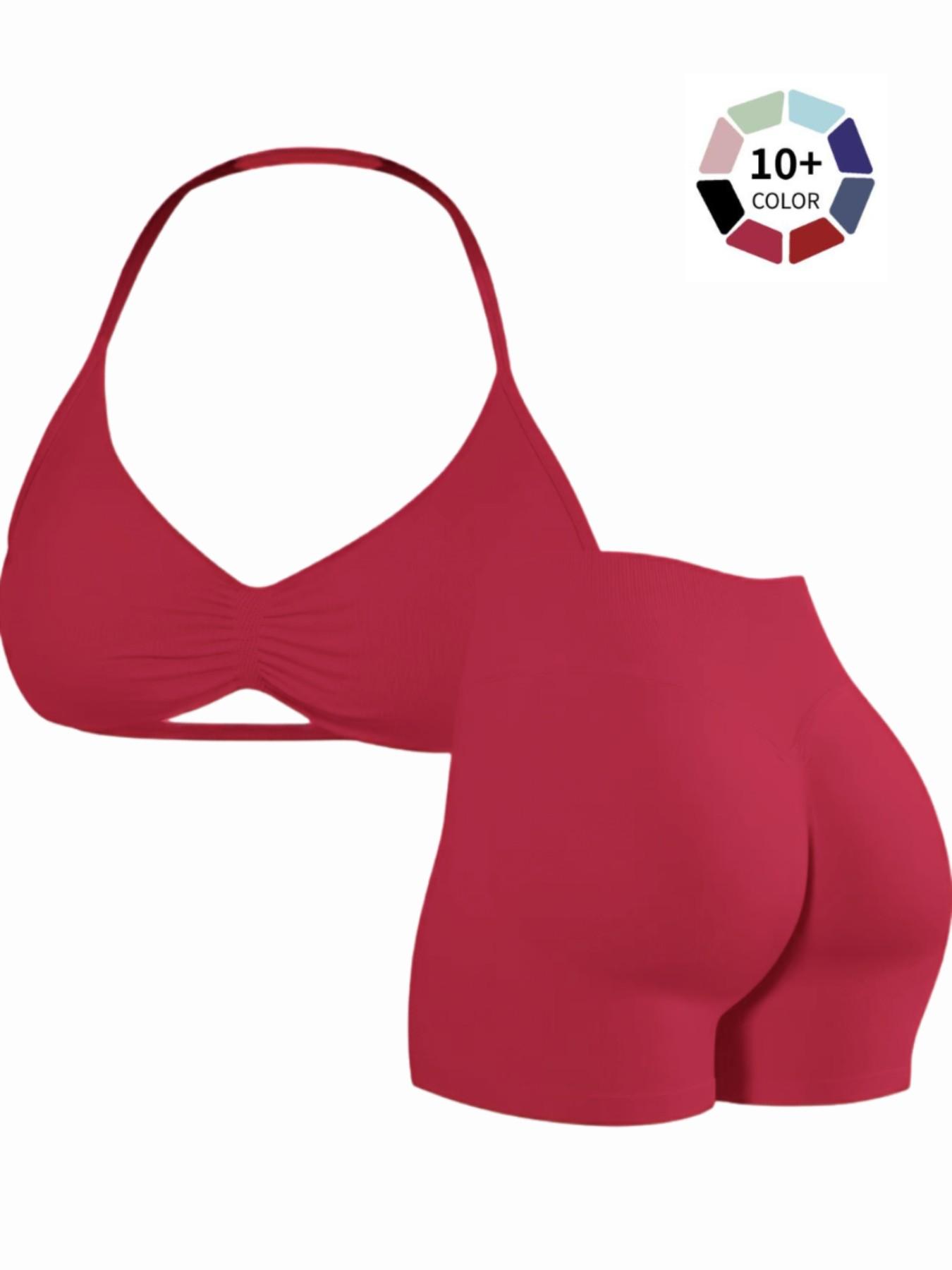 Women's Two-Piece Set, Solid Color Halter Top & High Waist Shorts, Sporty Breathable Quick-Dry for Yoga Gym Workout Running