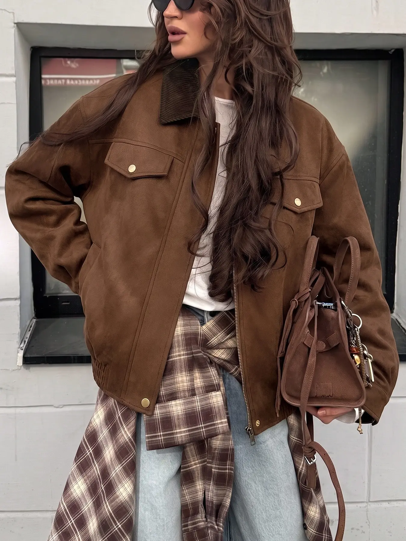 American Vintage Corduroy Colorblock Notch Lapel Suede Jacket, Dual Pocket Zipper Loose Drop Shoulder Short Workwear Coat