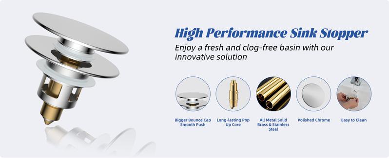 Hibbent All Metal 2 in 1 Bathroom Sink Stopper, Universal Pop Up Drain Strainer, Brass Bullet Core Push Type Stopper for 1''~2.3'' Basin, Big Push Button, Anti Clogging Drain Filter