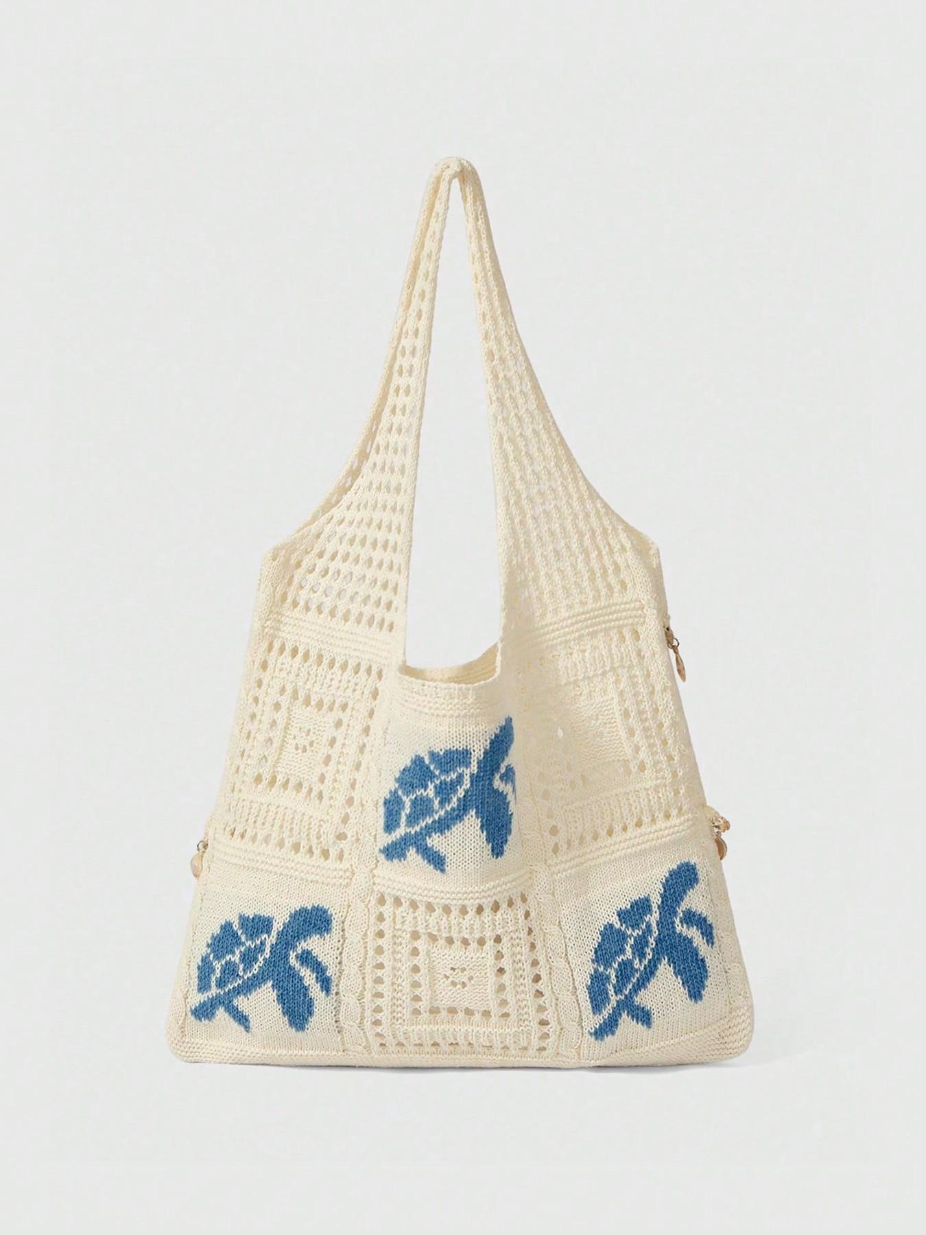 Vacation style simple and personalized hollow knitted turtle tote bag, shell, starfish, tassel hanging accessories, wide shoulder strap, large capacity beach bag, suitable for beach play and outdoor travel