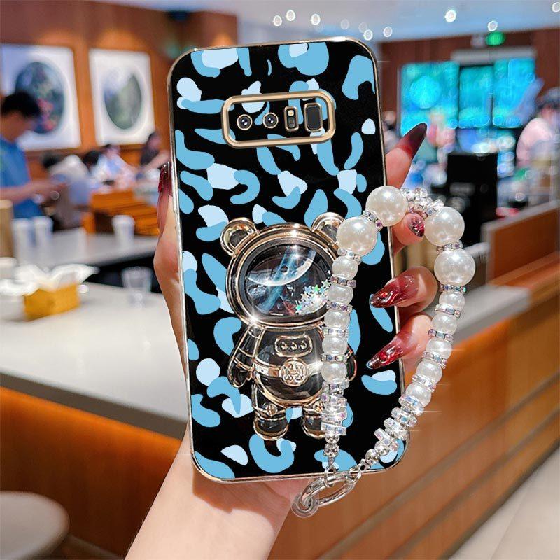 Note 8 Fashion Series Pearl Strap Lanyard Phone Holder Case For Compatible With Samsung Galaxy Note 8 Plating Cover and Elegant Blue Luxury Leopard Print Little Bear Protector Cases