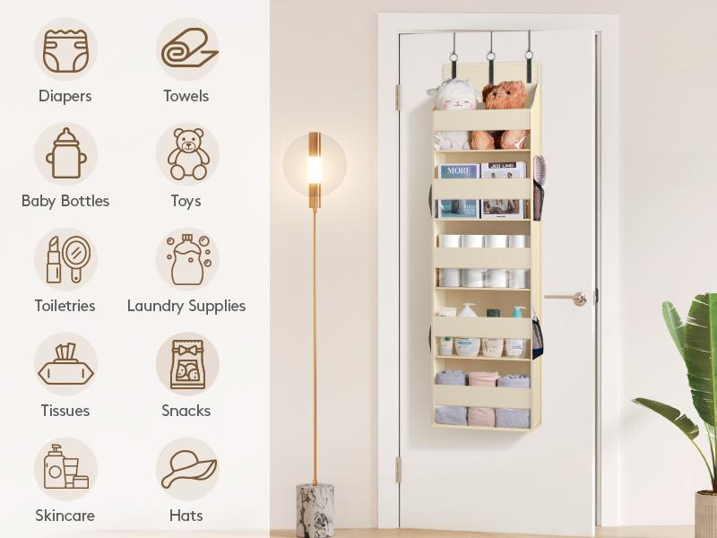 Lifewit 1 Pack Over the Door Organizer, Clear Window Hanging Storage with 4 Side Pockets, Anti Tilt 40 lbs Load Behind Door for Pantry, Nursery, Bathroom, Bedroom, Dorm, 5 Section, Beige