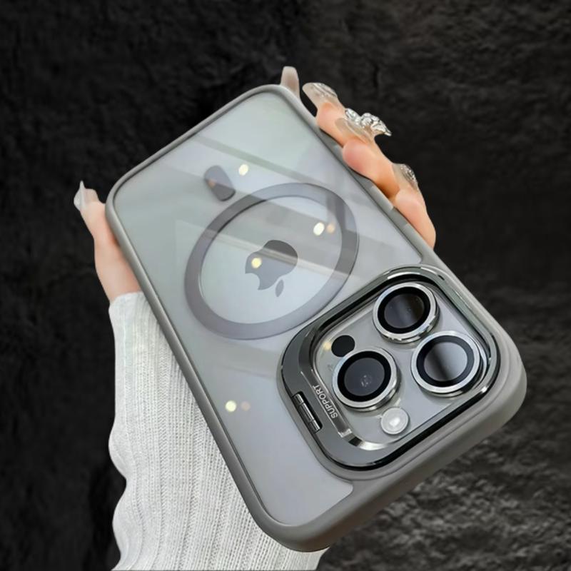 iPhone17 16 15 14 13 12 Max Plus Pro Magnetic Mobile Phone Case with MagSafe Camera Ring Holder, Military-Grade Protection, Anti-Fall, Non-Yellowing, Wireless Casing Protector Cover, Black Silicone