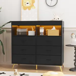 Garvee Nursery Changing Table Dresser with LED Lighting and Charging Function, 6 Drawer Storage Dresser with 2 Open Compartments, Convertible Baby Diaper Station for Nursery and Bedroom Use