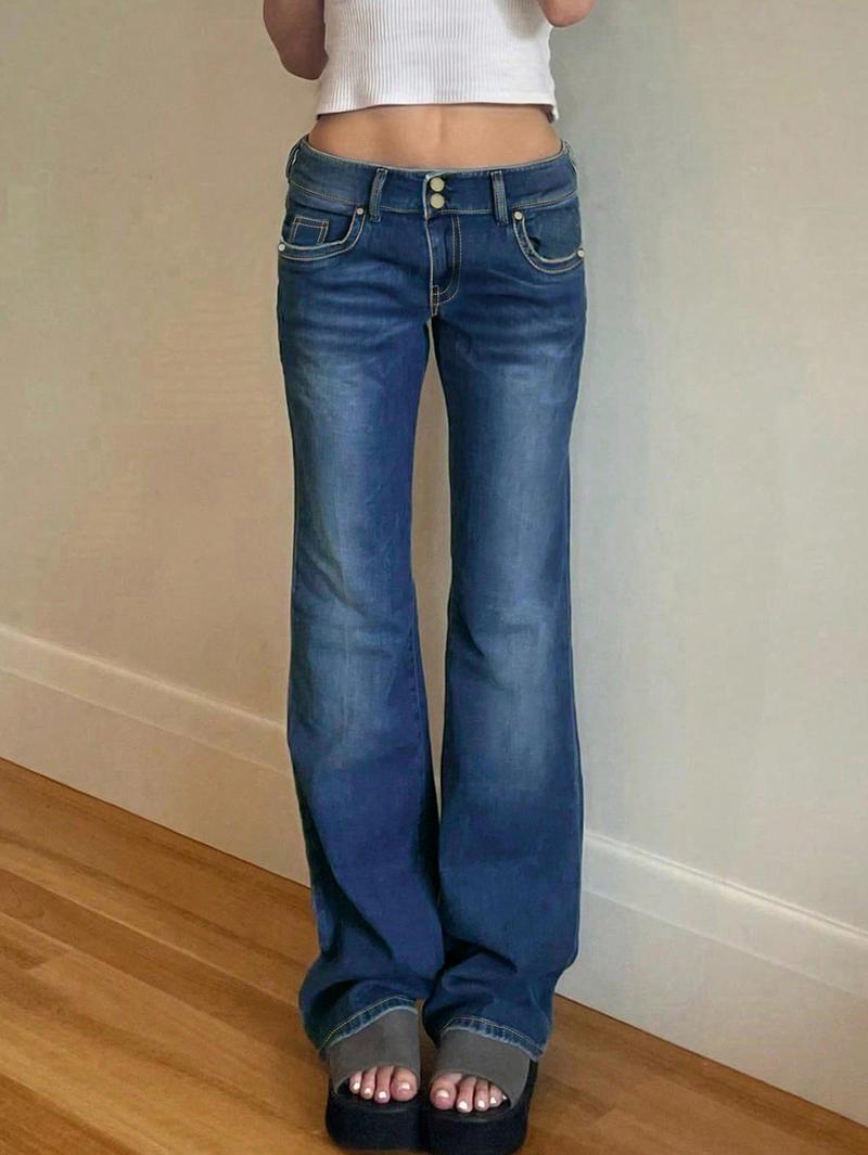 NVFelix Women's Y2k Low Rise Flare Jeans Double Button Design Stretch Bootcut Pants Soft Denim for Comfortable Daily Wear
