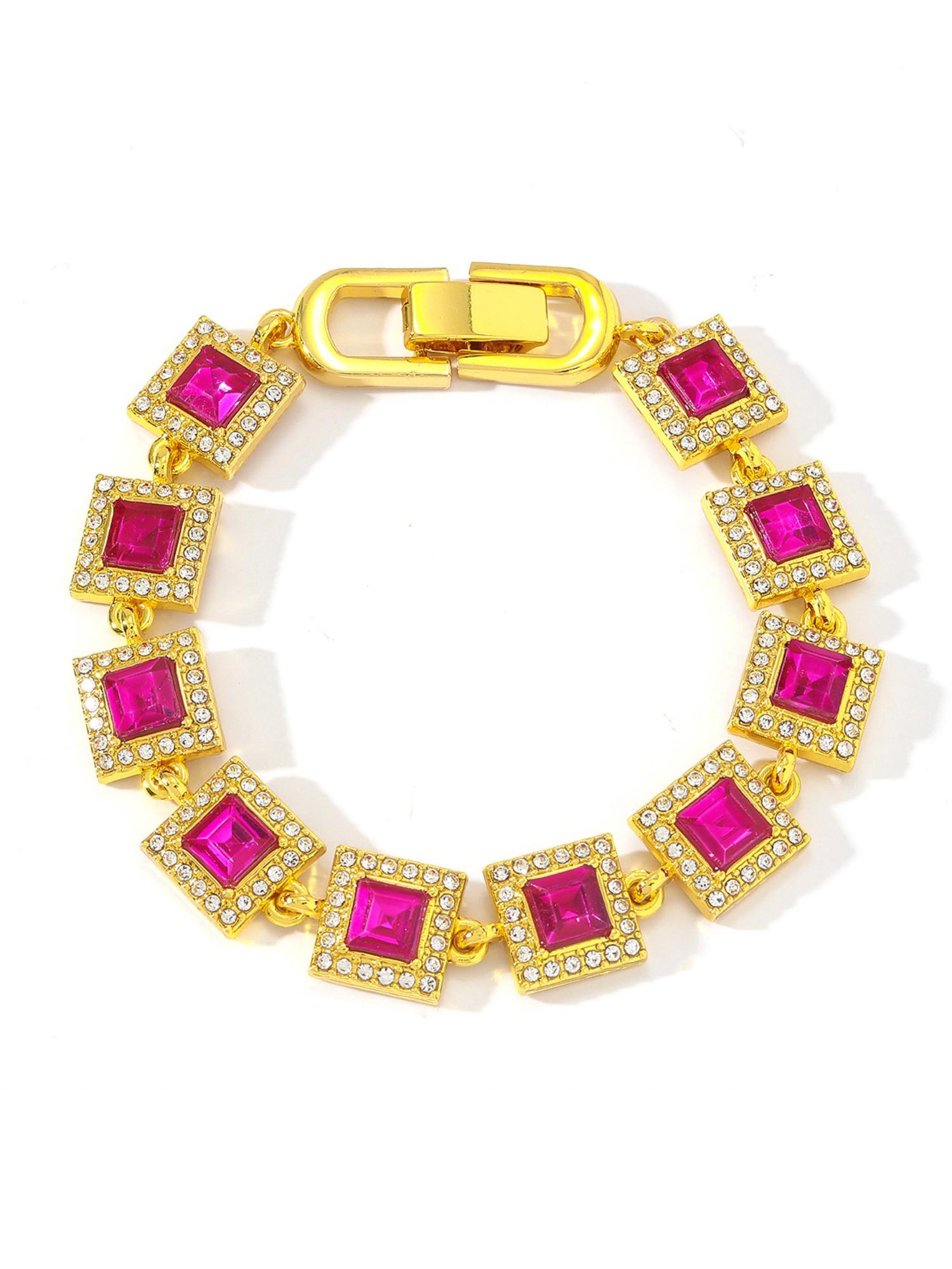 Trendy Spliced Square Color Necklace Bracelet Set, Unisex Iced Out Blingbling Design, Ideal Jewelry Gift & Punk Style Accessory