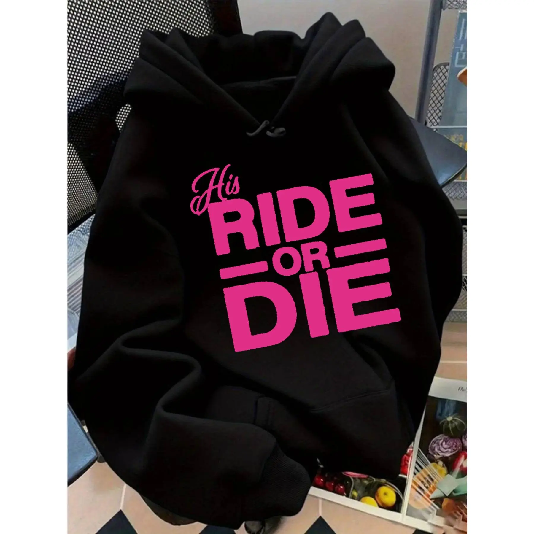 His RIDE OR DIE Graphic Black Hoodie - Trendy Casual Wear with Striking Pink Design, Perfect for Everyday Comfort and Fashion Statement