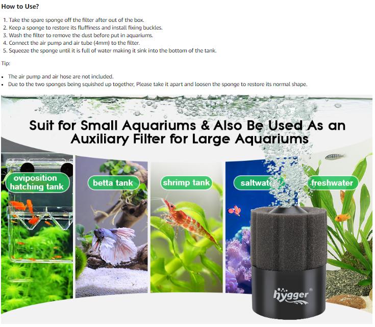 hygger Aquarium Sponge Filter 5-125 Gallon Small Fish Tank Filter for Breeding Fry Shrimp Snails Betta Air-Powered Filter with Reusable Biochemical Ball Spare Sponge Foam Filter