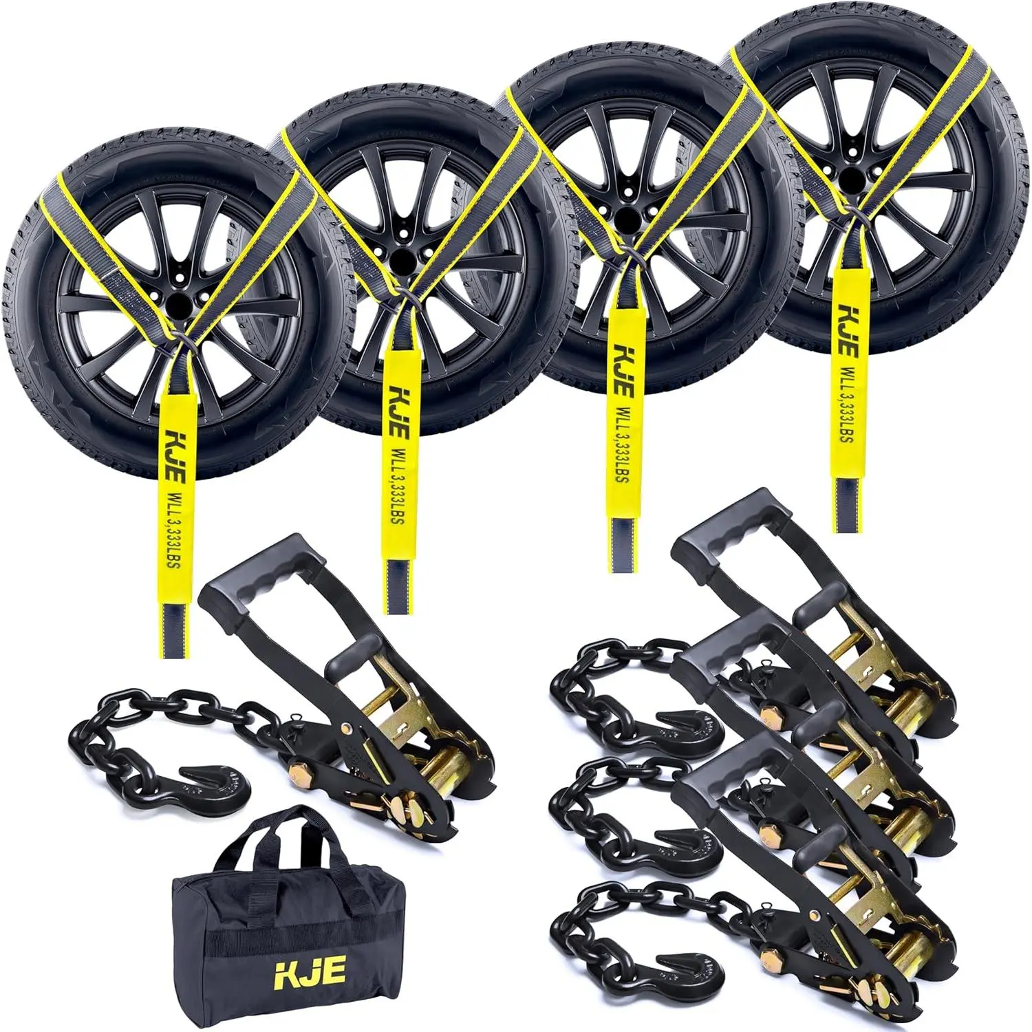 4 Pack 2" x 10' Reflective Wheel Tie Down Straps, Lasso Wheel Straps with Anchor Chain Ends, 10,000 lb Break Strength | KJE