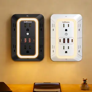 2 Pack Wall Outlet Extender with Night Light, 6 AC Outlets 4 USB Charging Ports , 1050J Surge Protector Power Strip, Multi Plug Outlet Adapter for Home, Travel, Office（Black and White）
