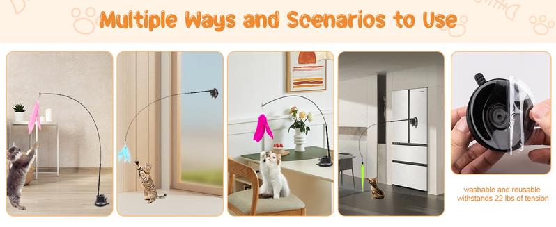 Pawaboo Cat Feather Toys, Interactive Cat Wand Toy with 2-Slot Super Suction Cup, Detachable 2 PCS Spring Cat Wand & 7 PCS Cat Teaser Replacement with Bells, Funny Kitty Toys for Indoor Kittens Play