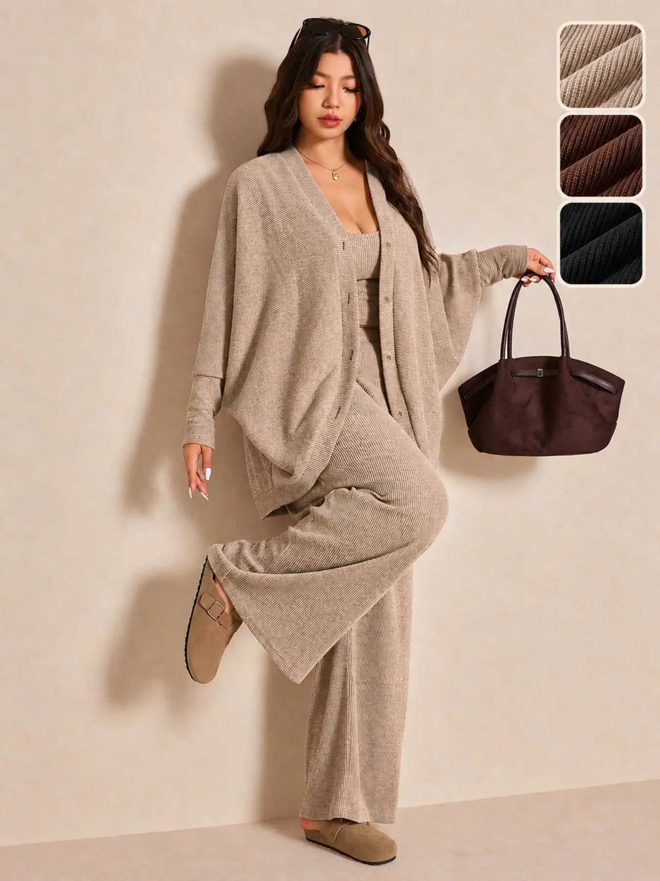 Plus Size Women's 3-Piece Knit Set, Ribbed V-Neck Button Cardigan, Tank Top, Wide Leg Pants, Comfortable Casual Minimalist for Fall Winter