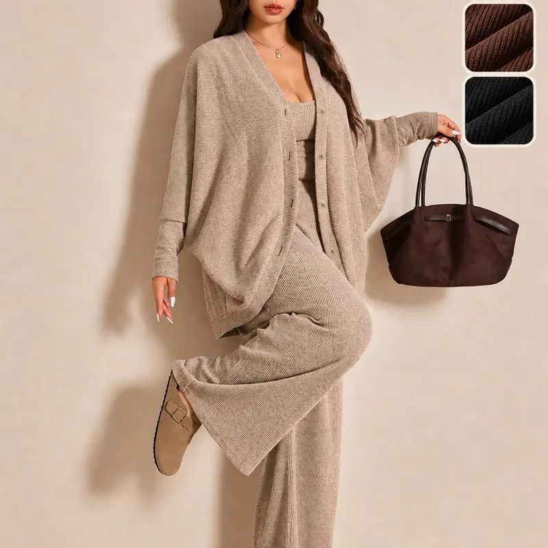 Plus Size Women's 3-Piece Knit Set, Ribbed V-Neck Button Cardigan, Tank Top, Wide Leg Pants, Comfortable Casual Minimalist for Fall Winter