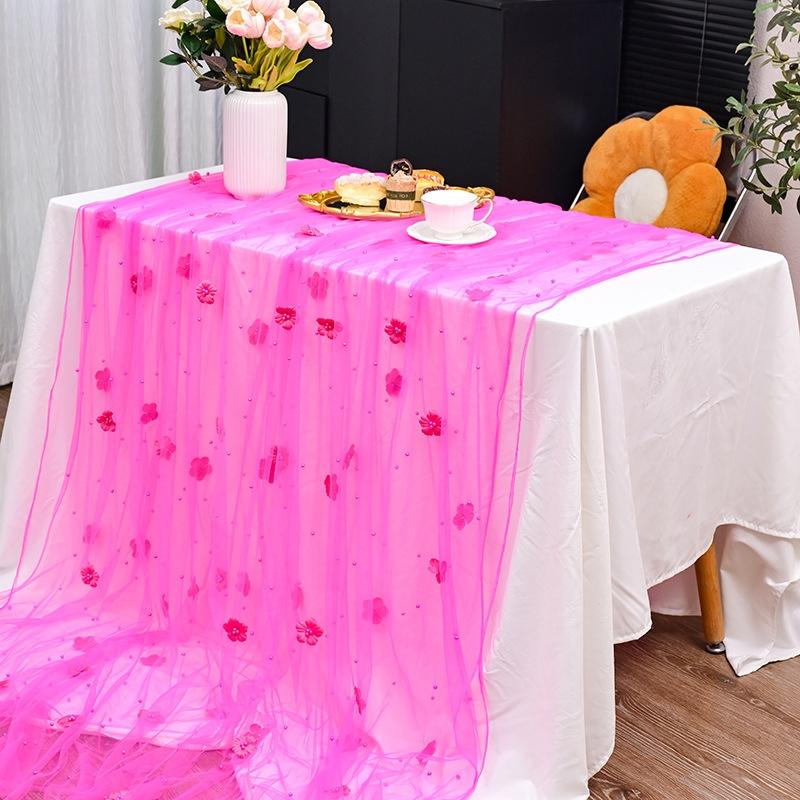 New 3D Pearl Flower Sheer Table Runner, Tulle Mesh Table Flag for Party Decor, Ideal for Seasonal Dining, Weddings, Birthdays & Bridal Showers, Perfect for Home Party Decoration