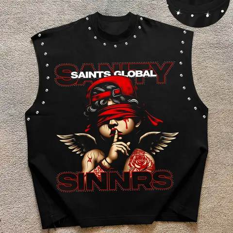 Men's Casual Sleeveless Vest Shirt, Sleeveless Tank Tops, Angel with Rose Tattoo Graphic Print, Comfortable Fabric, Streetwear, Ideal for Livehouse Party
