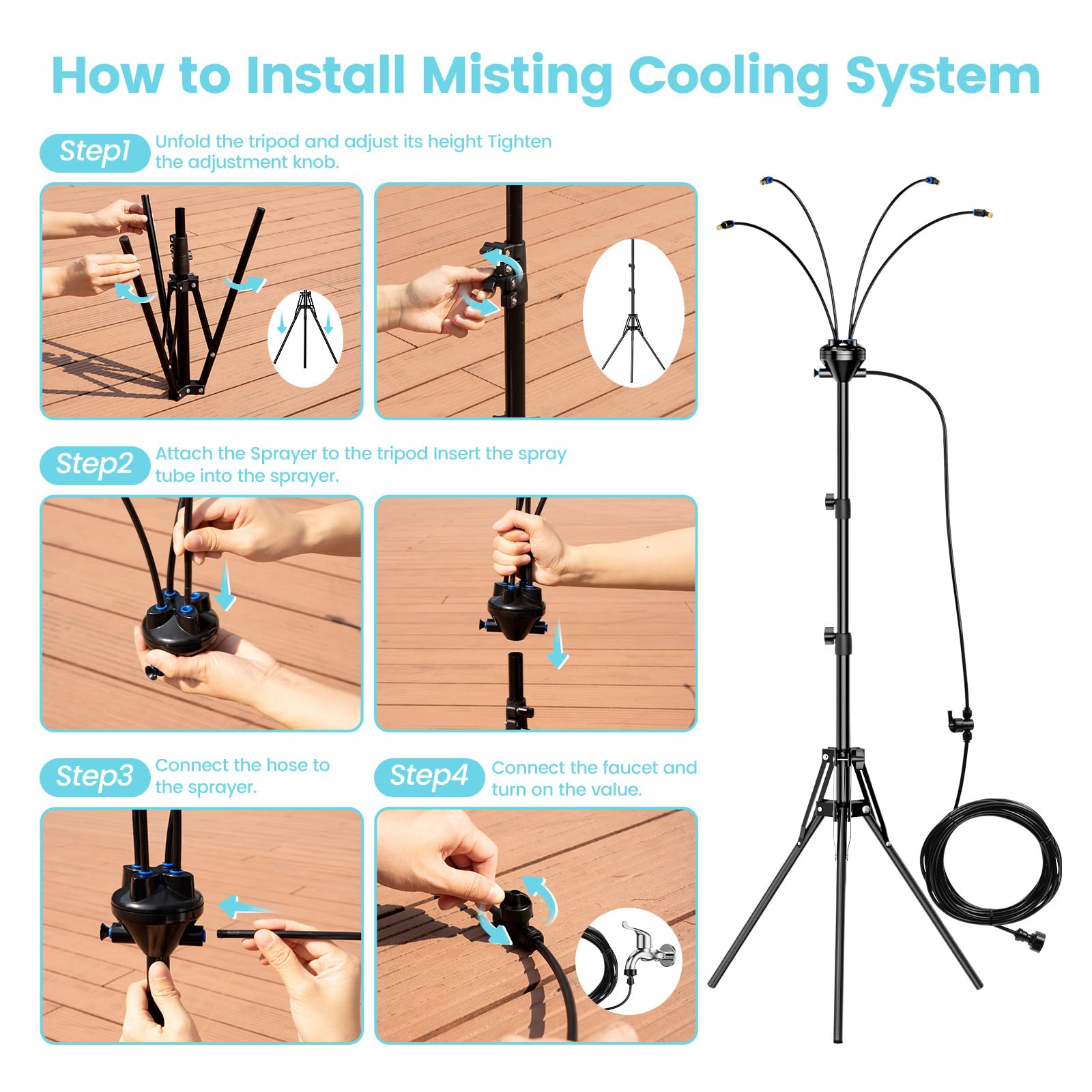 Standing Misters for Outside Patio,Portable Misting System for Cooling Outdoor - 32.8Ft Stand Misting Line with Adjustable Height 5.25 FT Stand Spray for Yard Garden BBQ Party Pool Water Playing Beach Tropical Sprinklers