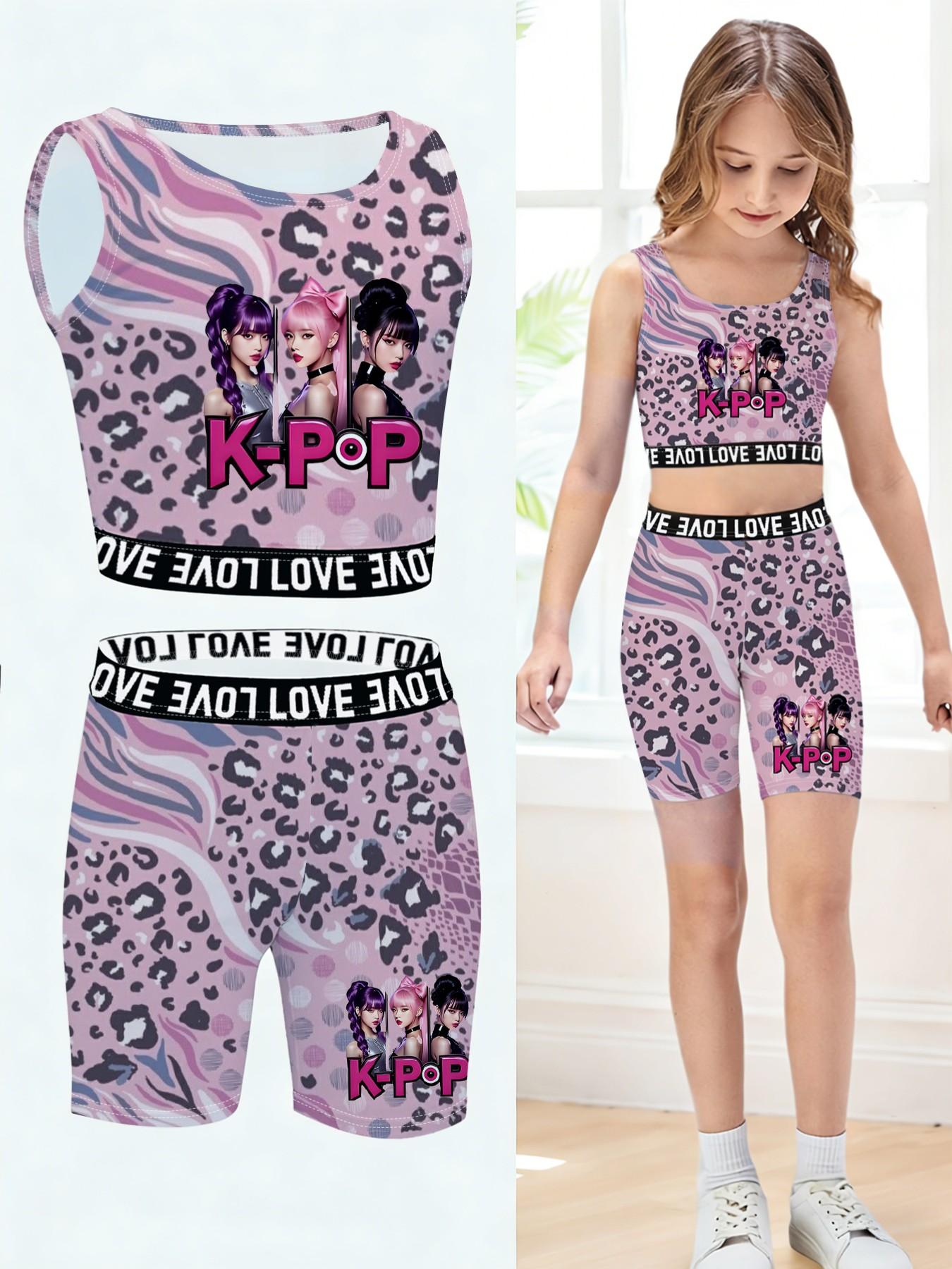 K-POP Girls Leopard Print Yoga Set, 3D Pink Leopard Girl Group Sleeveless Tank Top + Yoga Shorts Print, Comfortable Quick Dry Activewear, Suitable for Dance Sports Daily Wear
