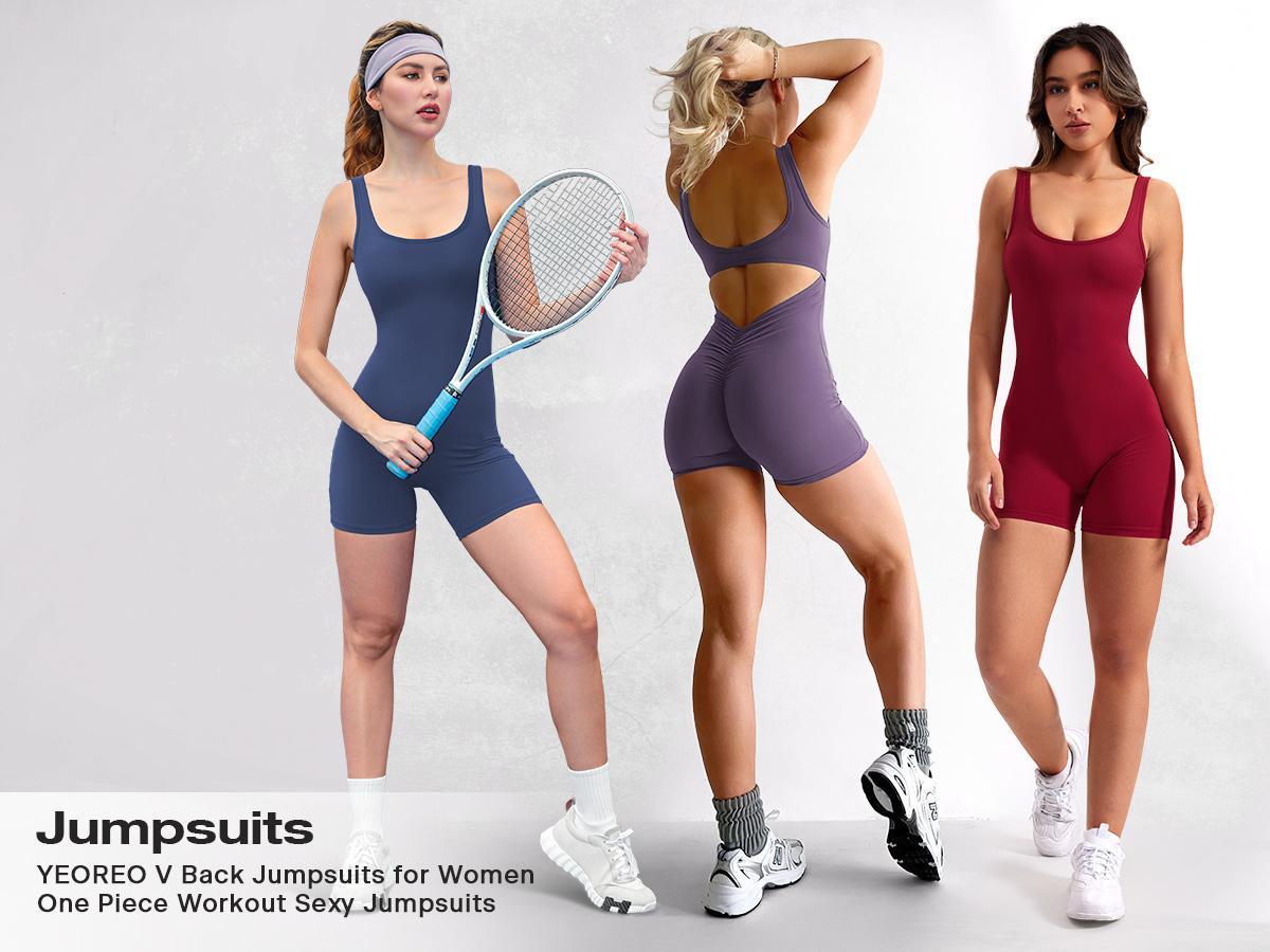 YEOREO Women’s Sleeveless Yoga Jumpsuit Open Back V-Neck Scrunch Butt Tummy Shaping Workout Romper Stretchable Activewear Stylish Activewear