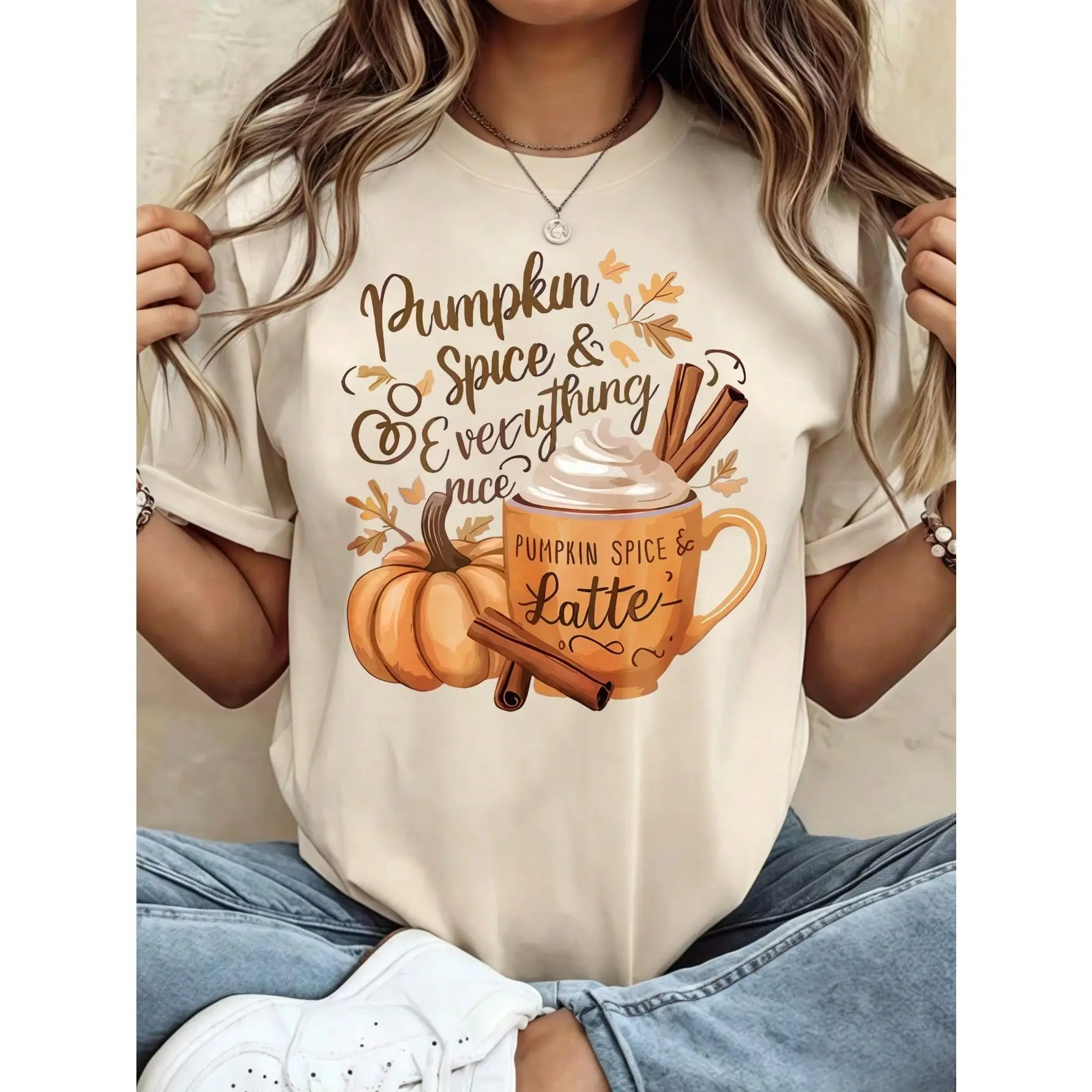 Fall Pumpkin Spice & Everything Nice Print 100% Cotton Women Short Sleeve T-Shirt, Pumpkin Latte Cinnamon Vintage Graphic Crew Neck Casual Tee