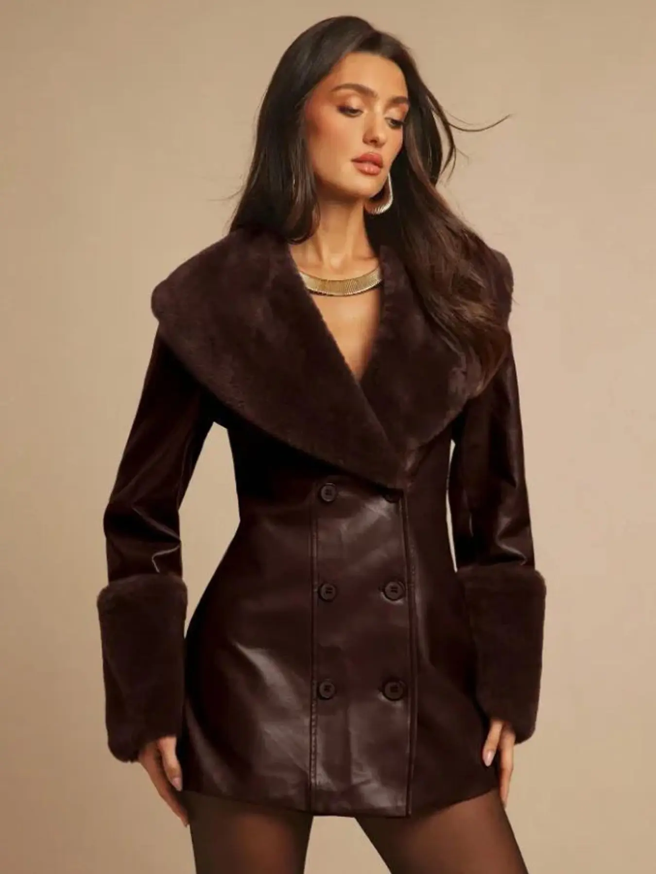 Vintage Luxe Midi Coat, Wide Collar Double Button Waistcoat, Faux Fur Design, Women's Party & Streetwear Outerwear, Jackets