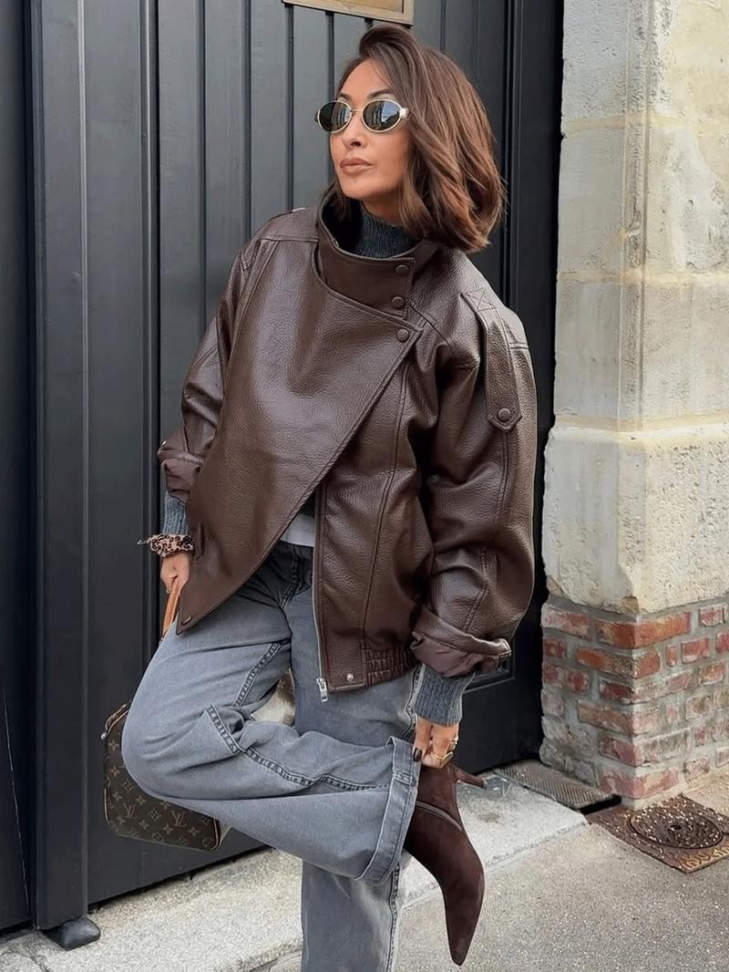 Faux Leather Jacket Woman Outerwears Fashion Asymmetric Zipper Bomber Jacket Demi-Season Streetwear Plus Size Women's Black Jacket Long Sleeve New In Coats Motorcycle Jackets