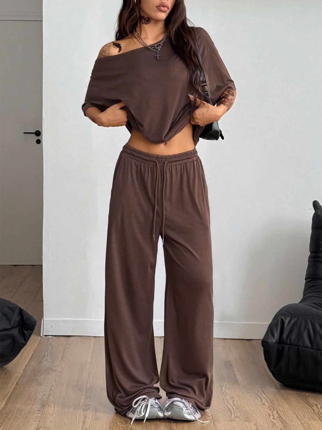 2pcs/Set Women's Minimalist Basic Daily Wear Going Out Sport Comfortable Off Shoulder T-Shirt And Wide Leg Pants Two Pieces Outfits