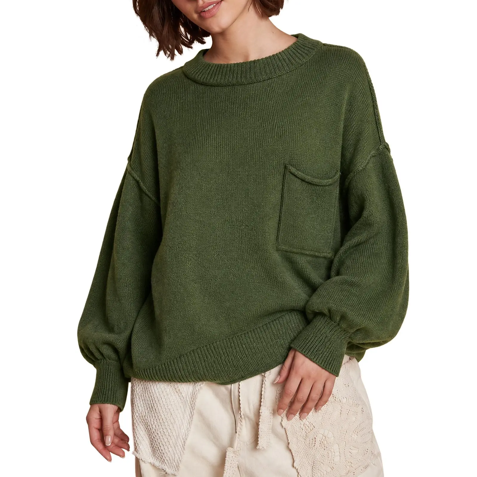 Imily Bela Women's Loose Oversized Knit Sweater - Crewneck Drop Shoulder Pullover Tops with Front Pocket & Long Sleeves
