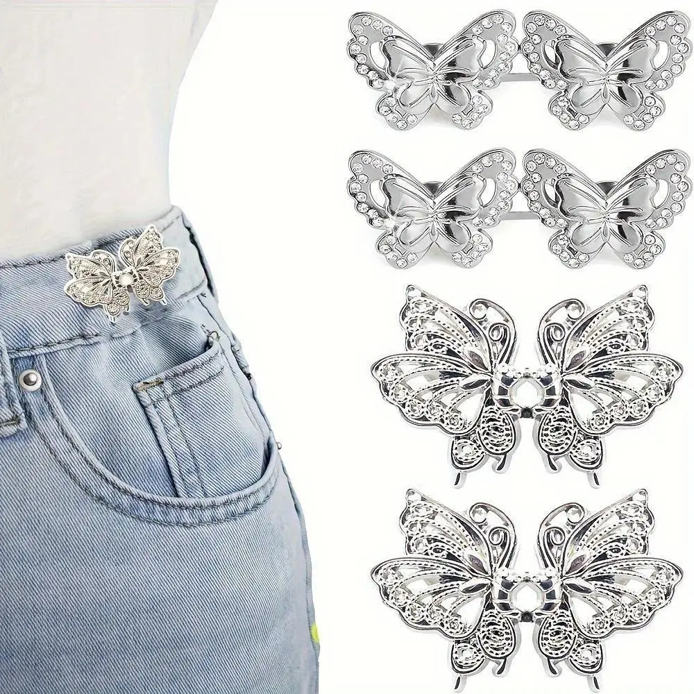 4 Pairs Butterfly Metal Jeans Waist Tightener Buttons, Exquisite No-Sew Pant Waist Adjustment Pins, Easy Install Butterfly Appliques for Loose Denim Pants, Daily & Festival Fashion Accessory, Butterfly Shape, Denim Fixer