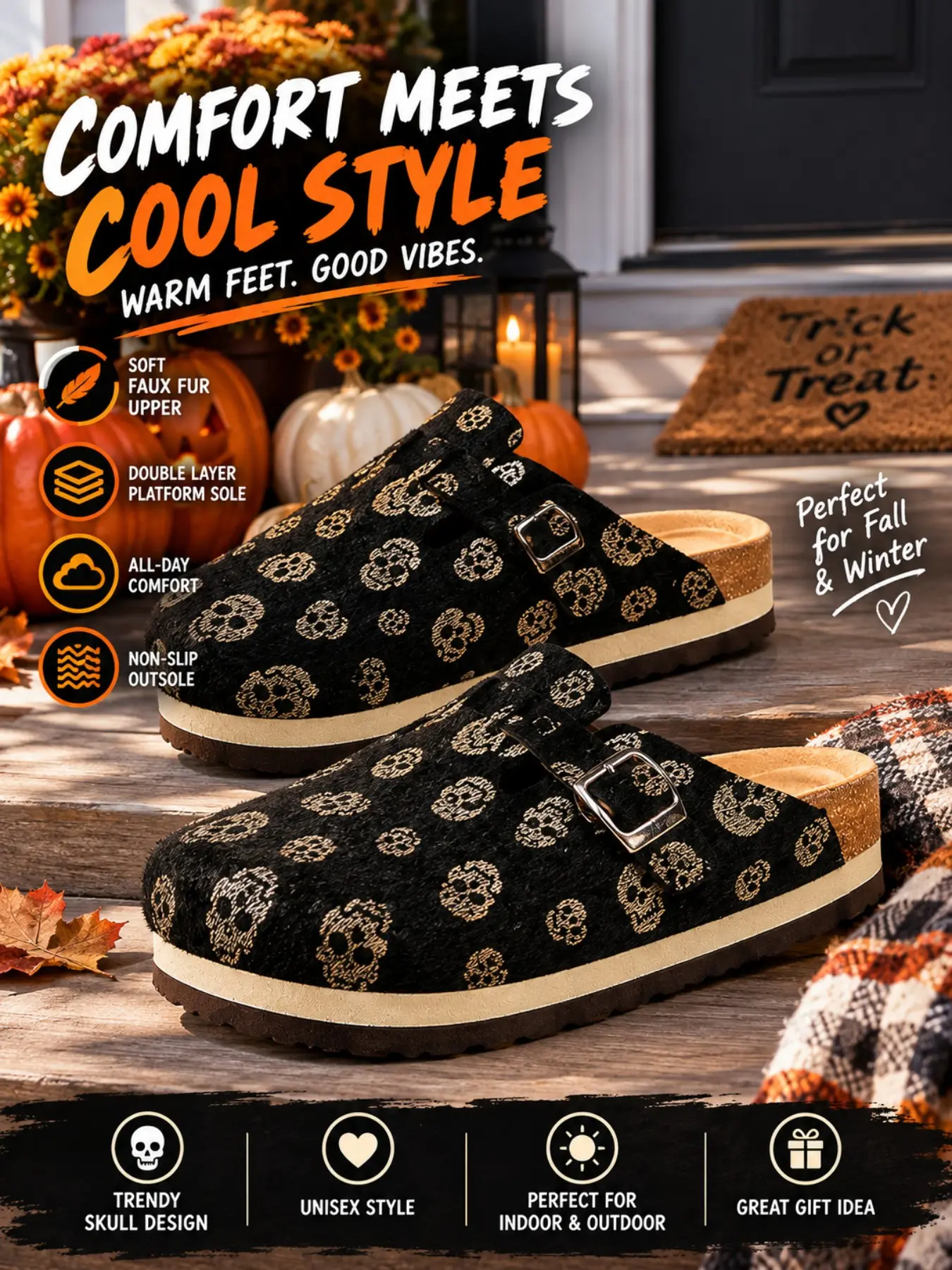 Unisex Halloween Skull Print Clogs for Women Men, Faux Horsehair, Gothic Slip On Shoes with Double Layer Platform Sole, Adjustable Metal Buckle, Cork Footbed, Non Slip Casual Black Shoes for Halloween Parties, Everyday Streetwear & Fall Outfits