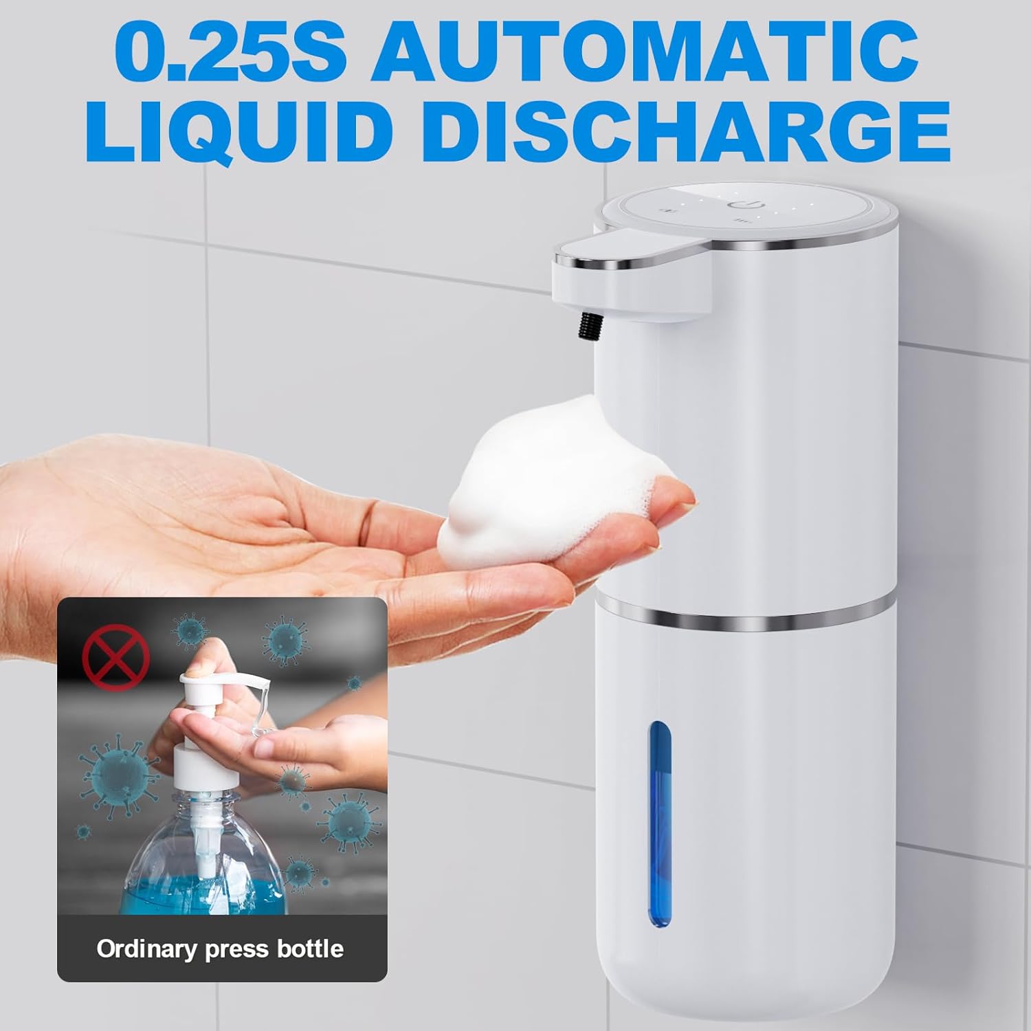 Automatic Foaming Soap Dispenser Touchless, USB Rechargeable Smart Hand Soap Dispenser, 6-Level Adjustable, 12.8oz/380mL Wall Mounted for Bathroom Kitchen Dish Soap-White