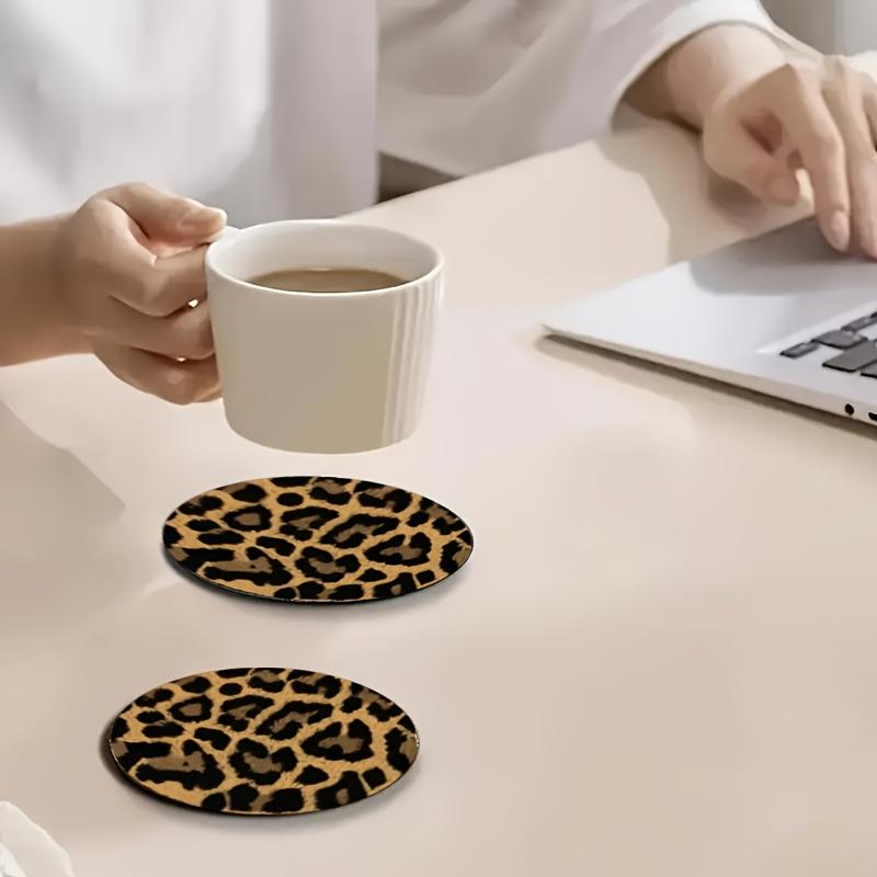 Wooden Leopard Pattern Coaster, 6 Counts/set Heat Resistant Non-slip Decorative Coaster, Decorative Placemat for Home Kitchen & Coffee Shop & Party Wooden Coasters