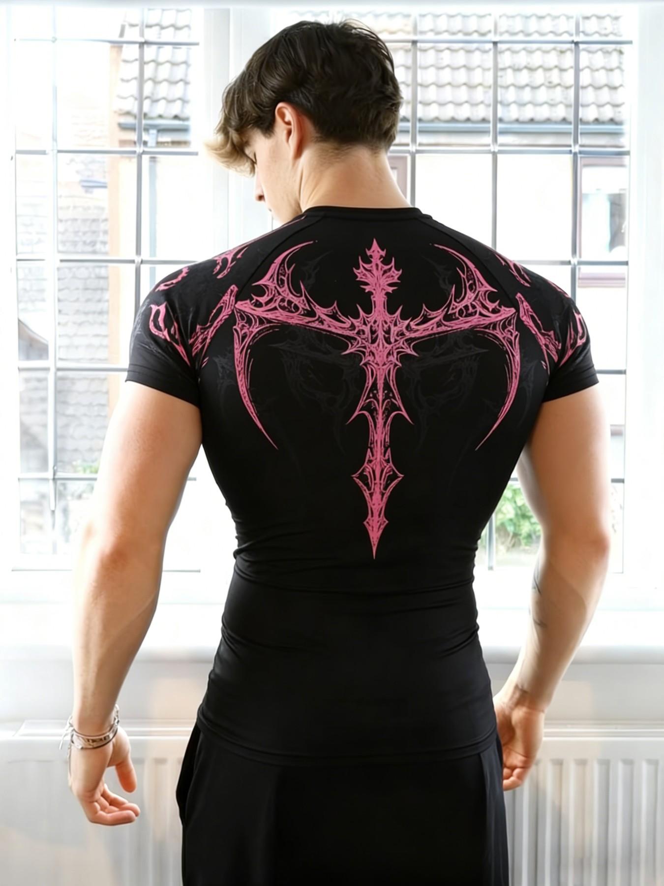 Men's Fitness T-Shirt with Thorn Print, High Elasticity Quick-Dry Fabric, Slim Fit for Gym Training, Casual Long Sleeve Top