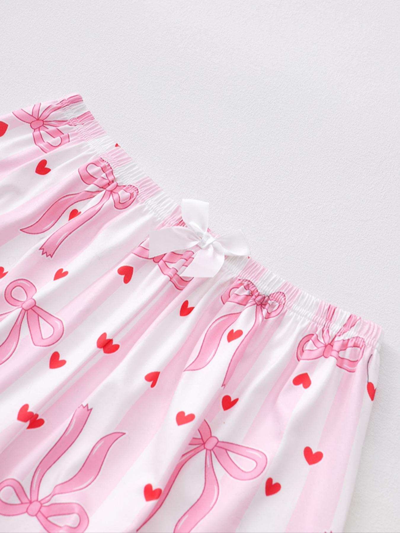 Valentine's Day Bow and Heart Print Pajama Set, Soft Silky Striped Short Sleeve Sleepwear, Women's Comfortable Nightwear