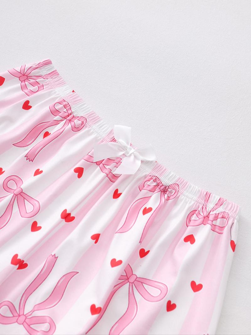 Valentine's Day Bowknot Heart Print Pajama Set, Soft Silk Striped Butterfly Knot Short Sleeve Sleepwear, Women's Comfortable Nightwear