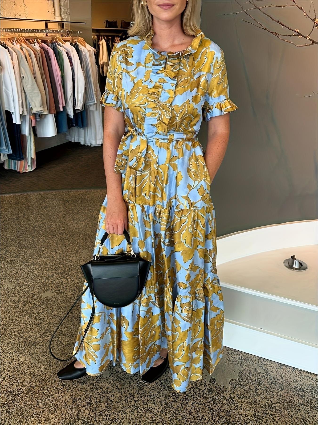 Women's Blue Floral Print Casual Tiered Maxi Dress - Ruffle V-Neck, Short Sleeve, Adjustable Belted, Soft, Elegant, Slimming, Flowing with Pockets, Statement Skirt - Style for Party, Vacation Summer Outfit,summervibes Women's Blue Floral Print Casual Tiered Maxi Dress - Ruffle V-Neck, Short Sleeve, Adjustable Belted, Soft, Elegant, Slimming, Flowing with Pockets, Statement Skirt - Style for Party, Vacation Summer Outfit,summervibes